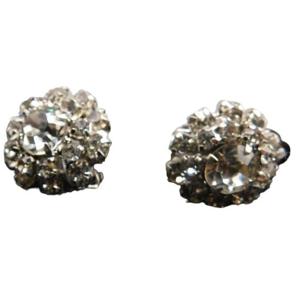 Vintage Patent Clip On Women Earrings Clustered Clear Crystals Button Shaped - Picture 1 of 6